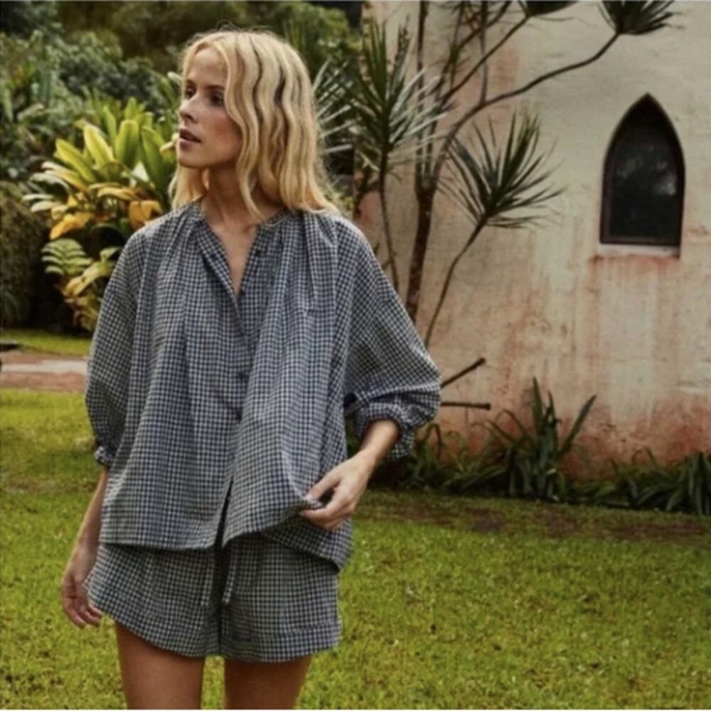 Doen Jane Button Front Blouse Checked Gingham Navy Somerset Plaid Size Small - Picture 3 of 8